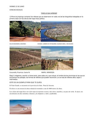 VIERNES 12 DE JUNIO
CIENCIAS SOCIALES
TODO LO QUE APRENDÍ
1) Ahora te propongo comparar los relieves que se observaron en ...