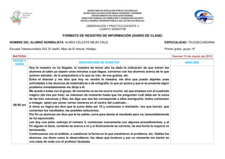 SECRETARÍA DE EDUCACIÓN PÚBLICA DE HIDALGO
SECRETARÌA DE EDUCACIÒN MEDIA SUPERIOR Y SUPERIOR
DEPARTAMENTO DE EDUCACIÒN NORMAL
DIRECCIÓN GENERAL DE FORMACIÓN Y SUPERACIÓN DOCENTE
ESCUELA NORMAL SUPERIOR PÚBLICA DEL ESTADO DE HIDALGO
OBSERVACION Y PRACTICA DOCENTE II
CUARTO SEMESTRE
FORMATO DE REGISTRO DE INFORMACIÓN (DIARIO DE CLASE)
NOMBRE DEL ALUMNO NORMALISTA: AUREA CELESTE MEJÍA CRUZ ESPECIALIDAD: TELESECUNDARIA
Escuela Telesecundaria 253, El Jiadhi, Mpio de El Arenal, Hidalgo. Primer grado, grupo “A”
MATERIA Viernes 13 de marzo de 2015
FECHA Y
HORA
DESCRIPCIÓN DE EVENTOS ANÁLISIS
08:00 am
Hoy la maestra no ha llegado, la maestra de tercer año ha dado la indicación de que entren los
alumnos al salón yo espero unos minutos a que llegue, converso con los alumnos acerca de lo que
quieren estudiar, de la preparatoria a lo que se irán, de sus gustos, etc.
Entra el director y me dice que hoy no vendrá la maestra, me dice que puedo dejarles unas
actividades a los alumnos de matemáticas o de ortografía, lo que yo quiera y que si se presenta algún
problema inmediatamente me dirija a él.
Me quedo a solas con el grupo, de momento no se me ocurre mucho así que empiezo con el cuadrado
mágico (de tres por tres), se interesan de momento hasta que me preguntan cuál debe ser la suma
de las tres columnas y filas, les digo que eso les corresponde a ellos averiguarlo, todos comienzan
a indagar, optan por poner varios números en el centro del cuadrado…
A otros su lógica les dice que la suma debe ser 10 y comienzan a intentarlo, veo que borran, que
comentan los resultados, las posibles soluciones.
Por fin un alumnos me dice que le ha salido, corre para darme el resultado pero no, lamentablemente
se ha equivocado.
Les doy una pista: subrayo el número 5, comienzan nuevamente con algunos procedimientos, y al
fin alguien lo tiene, contento se acerca a mí y si fectivamente es correcto, de esa forma la mayoría va
terminando.
Continuamos con el análisis, a cuestionar la forma en la que resolvieron el problema, etc. Hablas los
alumnos, me dicen como lo desarrollaron, las ideas que tuvieron y por un momento me siento en
una clase de mate con el profesor Quezada.
 