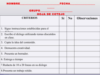 NOMBRE___________________________FECHA______________________ GRUPO______________________ HOJA DE COTEJO CRITERIOS S í No  Observaciones 1.  Sigue instrucciones establecidas para el di á logo. 2.  Escribe el di á logo utilizando temas discutidos en clase. 3.  Capta la idea del contenido. 4.  Demuestra creatividad. 5.  Presenta un borrador. 6. Entrega a tiempo 7.Redacta de 10 a 20 l í neas en su di á logo 8.Presenta un trabajo n í tido. 