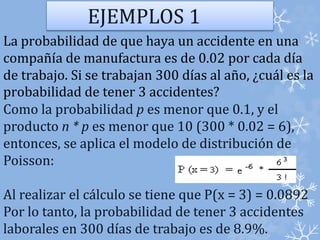 EJEMPLOS 1 
La probabilidad de que haya un accidente en una 
compañía de manufactura es de 0.02 por cada día 
de trabajo. Si se trabajan 300 días al año, ¿cuál es la 
probabilidad de tener 3 accidentes? 
Como la probabilidad p es menor que 0.1, y el 
producto n * p es menor que 10 (300 * 0.02 = 6), 
entonces, se aplica el modelo de distribución de 
Poisson: 
Al realizar el cálculo se tiene que P(x = 3) = 0.0892 
Por lo tanto, la probabilidad de tener 3 accidentes 
laborales en 300 días de trabajo es de 8.9%. 
 