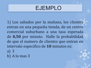 EJEMPLO 
1) Los sabados por la mañana, los clientes 
entran en una pequeña tienda, de un centro 
comercial suburbano a una tasa esperada 
de 0,50 por minuto. Halle la probabilidad 
de que el numero de clientes que entran en 
intervalo especifico de 10 minutos es: 
a) 3 
b) A lo mas 3 
 