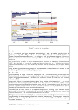 15
DGITM/SAGS/EP Avril 2017 Eléments de synthèse bibliographique prospective
Encadré : focus sur les sous-périodes
1. 2018
D’ici à 2018 doivent être encore développées des technologies d’aide à la conduite afin de favoriser la
pénétration des dispositifs de délégation de conduite comme la détection d’angle mort, le radar de régulation de
distance, l’assistant dans les embouteillages. Ces technologies, déjà présentes sur de nombreux véhicules de
luxe, seront de moins en moins onéreuses de sorte que 20 % des véhicules du parc automobile en soient équipés
d’ici 2018.
Les navettes déjà en circulation sur divers sites permettent une évaluation des technologies d’automatisation à
faible vitesse ainsi que les systèmes de recharge par induction. Leur coût, lié à l’utilisation de nombreux
capteurs, reste encore assez élevé mais leur mise en circulation reste très avantageuse pour les espaces urbains
denses.
Cette période sera majoritairement consacrée à la démonstration et l’amélioration de la sécurité et sera
conditionnée par l’état d’avancement des politiques publiques.
2. 2018 à 2020
Le développement du niveau 3, relatif à la nomenclature SAE, s’effectuerait au cours de cette période par
l’automatisation de la conduite sur autoroute (possible dans un premier temps uniquement dans des conditions de
trafic et météorologiques favorables). Les constructeurs automobiles déclarent en équiper tous leurs nouveaux
véhicules en 2020.
Cette période pourrait se révéler longue dans la mesure où elle introduit le niveau 4 (SAE). Il y a en effet un
écart financier et technologique important entre le niveau 3 et le niveau 4. La transition doit être assurée
progressivement pour limiter les accidents lorsqu’un usager passe de l’utilisation d’un véhicule de niveau 4 au
niveau 3. Cependant, indépendamment du niveau considéré, les véhicules seraient plus fiables à des vitesses
toujours plus importantes et le confort de conduite serait amélioré.
La digitalisation des cartes routières se développerait davantage grâce aux mises à jour régulières rendues
possibles par les dispositifs de communications de faible portée (obligatoires aux États-Unis pour tout nouveau
véhicule commercialisé). Cela favorisera à terme l’introduction du niveau 5.
D’un point de vue de la responsabilité légale, les constructeurs seraient encore les premiers responsables en cas
d’accident dû à un dysfonctionnement du système embarqué. La moitié des experts du panel considèrent
d’ailleurs que la mise à disposition d’une assurance « zero-faute » favoriserait l’adoption des technologies de
délégations de conduite.
 