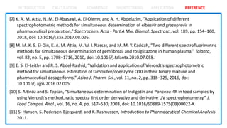 INTRODUCTION CALCULATION ADVANTAGE SHORTCOMING APPLICATION REFERENCE
[7] K. A. M. Attia, N. M. El-Abasawi, A. El-Olemy, and A. H. Abdelazim, “Application of different
spectrophotometric methods for simultaneous determination of elbasvir and grazoprevir in
pharmaceutical preparation,” Spectrochim. Acta - Part A Mol. Biomol. Spectrosc., vol. 189, pp. 154–160,
2018, doi: 10.1016/j.saa.2017.08.026.
[8] M. M. K. S. El-Din, K. A. M. Attia, M. W. I. Nassar, and M. M. Y. Kaddah, “Two different spectrofluorimetric
methods for simultaneous determination of gemfibrozil and rosiglitazone in human plasma,” Talanta,
vol. 82, no. 5, pp. 1708–1716, 2010, doi: 10.1016/j.talanta.2010.07.058.
[9] E. S. El-Leithy and R. S. Abdel-Rashid, “Validation and application of Vierordt’s spectrophotometric
method for simultaneous estimation of tamoxifen/coenzyme Q10 in their binary mixture and
pharmaceutical dosage forms,” Asian J. Pharm. Sci., vol. 11, no. 2, pp. 318–325, 2016, doi:
10.1016/j.ajps.2016.02.005.
[10] S. Altinöz and S. Toptan, “Simultaneous determination of Indigotin and Ponceau-4R in food samples by
using Vierordt’s method, ratio spectra first order derivative and derivative UV spectrophotometry,” J.
Food Compos. Anal., vol. 16, no. 4, pp. 517–530, 2003, doi: 10.1016/S0889-1575(03)00022-X.
[11] S. Hansen, S. Pedersen-Bjergaard, and K. Rasmussen, Introduction to Pharmaceutical Chemical Analysis.
2011.
 