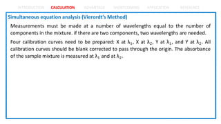 INTRODUCTION CALCULATION ADVANTAGE SHORTCOMING APPLICATION REFERENCE
Measurements must be made at a number of wavelengths equal to the number of
components in the mixture. if there are two components, two wavelengths are needed.
Four calibration curves need to be prepared: X at λ1, X at λ2, Y at λ1, and Y at λ2. All
calibration curves should be blank corrected to pass through the origin. The absorbance
of the sample mixture is measured at λ1 and at λ2.
 