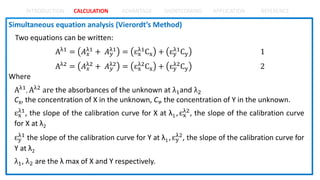 INTRODUCTION CALCULATION ADVANTAGE SHORTCOMING APPLICATION REFERENCE
Two equations can be written:
Aλ1 = 𝐴𝑥
λ1 + 𝐴𝑦
λ1 = ɛx
λ1Cx + ɛy
λ1Cy 1
Aλ2 = 𝐴𝑥
λ2 + 𝐴𝑦
λ2 = ɛx
λ2Cx + ɛy
λ2Cy 2
Aλ1, Aλ2 are the absorbances of the unknown at λ1and λ2
CX, the concentration of X in the unknown, CY, the concentration of Y in the unknown.
ɛx
λ1, the slope of the calibration curve for X at λ1., ɛx
λ2, the slope of the calibration curve
for X at λ2
ɛy
λ1 the slope of the calibration curve for Y at λ1 , ɛy
λ2, the slope of the calibration curve for
Y at λ2
λ1, λ2 are the λ max of X and Y respectively.
 