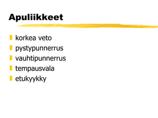 Apuliikkeet korkea veto pystypunnerrus vauhtipunnerrus tempausvala etukyykky 
