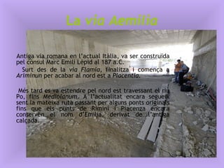 La  via Aemilia Antiga via romana en l’actual Itàlia, va ser construïda pel cònsul Marc Emili Lèpid al 187 a.C. Surt des de la  via Flamia , finalitza i comença a  Ariminun  per acabar al nord est a  Placentia. Més tard es va estendre pel nord est travessant el riu Po, fins  Mediolanum . A l’actualitat encara segueix sent la mateixa ruta passant per alguns ponts originals fins que els punts de Riminí i Piacenza encara conserven el nom d’Emília, derivat de l’antiga calçada. 