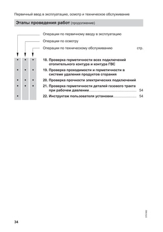 34
Операции по первичному вводу в эксплуатацию
Операции по осмотру
Операции по техническому обслуживанию стр.
• • • 18. Проверка герметичности всех подключений
отопительного контура и контура ГВС
• • • 19. Проверка проходимости и герметичности в
системе удаления продуктов сгорания
• • • 20. Проверка прочности электрических подключений
• • • 21. Проверка герметичности деталей газового тракта
при рабочем давлении................................................. 54
• 22. Инструктаж пользователя установки........................ 54
Первичный ввод в эксплуатацию, осмотр и техническое обслуживание
Этапы проведения работ (продолжение)
5791982
 