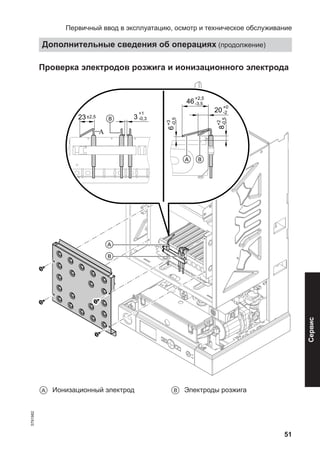 51
Проверка электродов розжига и ионизационного электрода
A
B
+1
-0,33
6
8
20
46
±2,523
+2,5
-3,5
+0
-2
+2
-0,5
+3
-0,5
А
B
A B
A Ионизационный электрод B Электроды розжига
Первичный ввод в эксплуатацию, осмотр и техническое обслуживание
Дополнительные сведения об операциях (продолжение)
5791982
Сервис
 