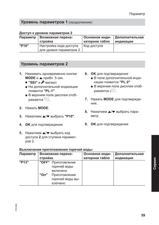 59
Доступ к уровню параметров 2
Параметр Возможная перена-
стройка
Основное инди-
каторное табло
Дополнительная
индикация
"P10" Настройка кода доступа
для уровня параметров 2
Код доступа
Уровень параметров 2
1. Нажимать одновременно кнопки
MODE и прибл. 5 сек.
■ "SEt" и мигают
■ На дополнительной индикации
появится "PL:1"
■ В верхнем поле дисплея отоб-
ражается .
2. Нажать MODE.
3. Нажатием / выбрать "P10".
4. OK для подтверждения
5. Нажатием / выбрать код
доступа 2 для ступени парамет-
ров 2.
6. OK для подтверждения
■ В поле дополнительной инди-
кации появится "PL:2"
■ В верхнем поле дисплея отоб-
ражается .
7. Нажать MODE для подтвержде-
ния.
8. Нажатием / выбрать пара-
метр.
9. OK для подтверждения
Выключение приготовления горячей воды
Параметр Возможная перена-
стройка
Основное инди-
каторное табло
Дополнительная
индикация
"P13" "OFF" Приготовление
горячей воды
включено
"On" Приготовление
горячей воды вы-
ключено
Параметр
Уровень параметров 1 (продолжение)
5791982
Сервис
 