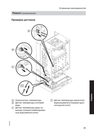 77
Проверка датчиков
5
C
B
A
A Ограничитель температуры
B Датчик температуры котловой
воды
C Датчик температуры воды на
выходе (газовый комбинирован-
ный водогрейный котел)
% Датчик температуры емкостного
водонагревателя (газовый одно-
контурный котел)
Устранение неисправностей
Ремонт (продолжение)
5791982
Сервис
 