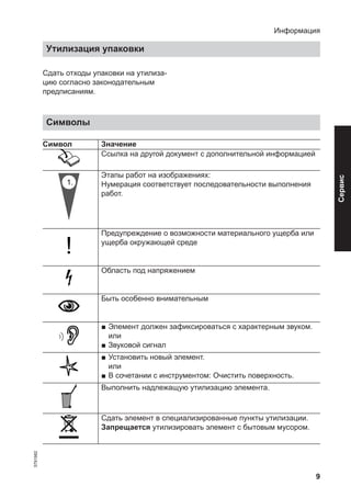 9
Сдать отходы упаковки на утилиза-
цию согласно законодательным
предписаниям.
Символы
Символ Значение
Ссылка на другой документ с дополнительной информацией
1.
Этапы работ на изображениях:
Нумерация соответствует последовательности выполнения
работ.
Предупреждение о возможности материального ущерба или
ущерба окружающей среде
Область под напряжением
Быть особенно внимательным
■ Элемент должен зафиксироваться с характерным звуком.
или
■ Звуковой сигнал
■ Установить новый элемент.
или
■ В сочетании с инструментом: Очистить поверхность.
Выполнить надлежащую утилизацию элемента.
Сдать элемент в специализированные пункты утилизации.
Запрещается утилизировать элемент с бытовым мусором.
Информация
Утилизация упаковки
5791982
Сервис
 