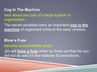 Cog In The Machine
said about one part of a large system or
organisation
The secret societies were an important cog in the
machine of organised crime in the early nineties.

Blow a Fuse
become uncontrollably angry
Jim will blow a fuse when he finds out that his son
did not do well for the National Examinations.
 