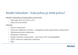 Kevään kokoukset – kuka puhuu ja mistä puhuu?
Kevään kokoukset ja keskustelua teemoista
• Kokousajat: 28.3, 25.4, 30.5. ja 13.6.
• Mistä sinä voisit kertoa?
Aihioita
• Vero.fi:n mittaaminen
• Viestinnän mittaamisen hierarkia – strategiselta tasolta operatiiviseen mittaamiseen?
• Työyhteisöviestinnän mittaaminen
• Kampanjan mittaaminen
• Oivallus viestinnän mittaamisesta – Jenni Vuorio VR:n viestintäpäällikkö
• STEA:n viestinnän mittaamisen osaaminen
• TEM
 