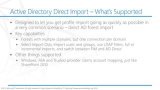 Active Directory Direct Import – What’s Supported




©2012 Microsoft Corporation. All rights reserved. Content based on SharePoint 15 Technical Preview and published July 2012.
 