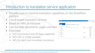 Introduction to translation service application




©2012 Microsoft Corporation. All rights reserved. Content based on SharePoint 15 Technical Preview and published July 2012.
 