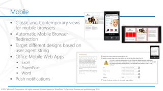 Mobile




©2012 Microsoft Corporation. All rights reserved. Content based on SharePoint 15 Technical Preview and published July 2012.
 