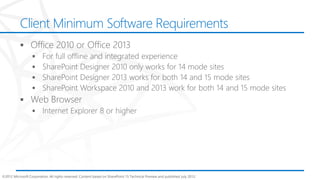 Client Minimum Software Requirements




©2012 Microsoft Corporation. All rights reserved. Content based on SharePoint 15 Technical Preview and published July 2012.
 