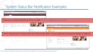 System Status Bar Notification Examples




©2012 Microsoft Corporation. All rights reserved. Content based on SharePoint 15 Technical Preview and published July 2012.
 