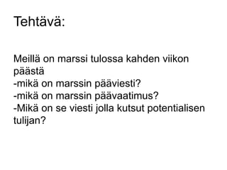 Tehtävä: 
Meillä on marssi tulossa kahden viikon 
päästä 
-mikä on marssin pääviesti? 
-mikä on marssin päävaatimus? 
-Mikä on se viesti jolla kutsut potentialisen 
tulijan? 
 