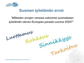 9 
Suomen työelämän arvot 
”Millaisten arvojen varassa uskomme suomalaisen 
työelämän olevan Euroopan parasta vuonna 2020?” 
 