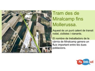 Tram des de Miralcamp fins Mollerussa. Aquest és un punt calent de transit rodat, ciclistes i vianants. El nombre de treballadors de la càrnia de Miralcamp genera un fluix important entre les dues poblacions. 