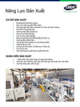 Năng Lực Sản Xuất
CƠ SỞ SẢN XUẤT
 Khoảng 90.000 feet vuông
 Khu vực Vận chuyển/Tiếp nhận
 Phương tiện bốc xếp container với cần cẩu trên không
 Kho Phụ Tùng/Vật Liệu
 Xưởng máy đầy đủ dịch vụ
 Các cơ sở hàn/chế tạo
 Cơ sở sơn công nghiệp
 Dây chuyền lắp ráp thiết bị đầy đủ dịch vụ
 Xưởng điều khiển điện
 Trung tâm thử nghiệm và mô phỏng CNG
 Phân phối khí nén
 Công suất khai thác 12.000 amp / 600 volt
 Cơ sở lưu trữ
 Văn phòng sản xuất/Vận chuyển/Kho bãi
NHÂN VIÊN SẢN XUẤT
 ~225 nhân viên giao hàng và người lao động:
 Thợ hàn, thợ chế tạo, thợ máy, thợ lắp ráp, kỹ thuật viên, thợ điện
 Có khả năng sản xuất 24 giờ
Công Ty Năng Lượng Sạch
 