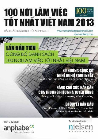 100 NƠI LÀM VIỆC
TỐT NHẤT VIỆT NAM 2013
BEST

VIETNAM

BEST

PLACES

TO WORK
TO WORK

VIETNAM 2013

BÁO CÁO ĐẶC BIỆT TỪ ANPHABE

www.vietnambestplacestowork.com
www.anphabe.com

LẦN ĐẦU TIÊN

CÔNG BỐ DANH SÁCH
100 NƠI LÀM VIỆC TỐT NHẤT VIỆT NAM

Đơn vị thực hiện

Tư vấn chuyên môn

 