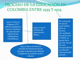 PROCESO DE LA EDUCACIÓN EN
 COLOMBIA ENTRE 1955 Y 1974

  1954 se reúne el                                 El 21 de junio
   congreso UTC                                    de 1957 la
solicita al gobierno                               junta militar
                                 1955 se crea el   dicto el
 crear un instituto              instituto de
  de capacitación                                  decreto
                                 capacitación      118, mediante
    obrera de los                obrera.
    trabajadores                                   el cual se creo
    colombianos                                    el SENA. se
                                                   puede decir
                                                   que fue una de
                                                   las mas
                   1963 se fija a seis años el
                                                   transcendental
                 periodo de formación de las
                                                   es reformas
               escuelas normales para obtener
                                                   educativas del
                el diploma de maestro rural o
                                                   periodo .
                            urbano
 