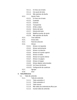 4.5.1.1. En línea con el texto 
4.5.1.2. Con ajuste de texto 
4.5.1.3. Más opciones de diseño 
4.5.2. Ajustar Texto 
4.5.2.1. En línea con el texto 
4.5.2.2. Cuadrado 
4.5.2.3. Estrecho 
4.5.2.4. Transparente 
4.5.2.5. Arriba y abajo 
4.5.2.6. Detrás del texto 
4.5.2.7. Delante del texto 
4.5.2.8. Modificar puntos de ajuste 
4.5.2.9. Más opciones de diseño 
4.5.3. Traer adelante 
4.5.4. Enviar atrás 
4.5.5. Panel de selección 
4.5.6. Alinear 
4.5.6.1. Alinear a la izquierda 
4.5.6.2. Alinear verticalmente 
4.5.6.3. Alinear a la derecha 
4.5.6.4. Alinear en la parte superior 
4.5.6.5. Alinear al medio 
4.5.6.6. Alinear en la parte inferior 
4.5.6.7. Alinear a la página 
4.5.6.8. Alinear al margen 
4.5.6.9. Alinear objetos seleccionados 
4.5.6.10. Ver líneas de división 
4.5.6.11. Configuración de cuadrícula 
4.5.7. Agrupar 
4.5.8. Girar 
5. Ficha Referencia 
5.1. Tabla de contenido 
5.1.1. Tabla de contenido 
5.1.1.1. Tabla automática 1 
5.1.1.2. Tabla automática 2 
5.1.1.3. Tabla manual 
5.1.1.4. Más tablas de contenido de office.com 
5.1.1.5. Insertar tabla de contenido 
 
