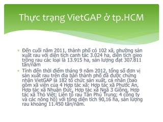  Đến cuối năm 2011, thành phố có 102 xã, phường sản
xuất rau với diện tích canh tác 3.024 ha, diện tích gieo
trồng rau các loại là 13.915 ha, sản lượng đạt 307.811
tấn/năm
 Tính đến thời điểm tháng 9 năm 2012, tổng số đơn vị
sản xuất rau trên địa bàn thành phố đã được chứng
nhận VietGAP là 182 tổ chức sản xuất, cá nhân (bao
gồm xã viên của 4 Hợp tác xã: Hợp tác xã Phước An,
Hợp tác xã Nhuận Đức, Hợp tác xã Ngã 3 Giồng, Hợp
tác xã Thỏ Việt; Liên tổ rau Tân Phú Trung; 4 công ty
và các nông hộ) với tổng diện tích 90,16 ha, sản lượng
rau khoảng 11.450 tấn/năm.
Thực trạng VietGAP ở tp.HCM
 