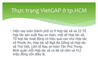  Hiện nay toàn thành phố có 9 Hợp tác xã và 33 Tổ
hợp tác sản xuất Rau an toàn, một số Hợp tác xã,
Tổ hợp tác hoạt động có hiệu quả cao như Hợp tác
xã Phước An, Hợp tác xã Ngã Ba Giồng và Hợp tác
xã Thỏ Việt, Liên tổ Rau an toàn Tân Phú Trung.
Bình quân mỗi Hợp tác xã có 68 xã viên và 412
triệu đồng vốn điều lệ.
Thực trạng VietGAP ở tp.HCM
 