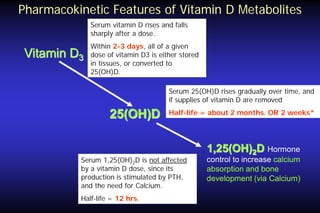 Pharmacokinetic Features of Vitamin D Metabolites
Serum vitamin D rises and falls
sharply after a dose.

Vitamin D3

Within 2-3 days, all of a given
dose of vitamin D3 is either stored
in tissues, or converted to
25(OH)D.
Serum 25(OH)D rises gradually over time, and
if supplies of vitamin D are removed

25(OH)D

Half-life = about 2 months. OR 2 weeks*

Serum 1,25(OH)2D is not affected
by a vitamin D dose, since its
production is stimulated by PTH,
and the need for Calcium.
Half-life = 12 hrs.

1,25(OH)2D Hormone
control to increase calcium
absorption and bone
development (via Calcium)

 
