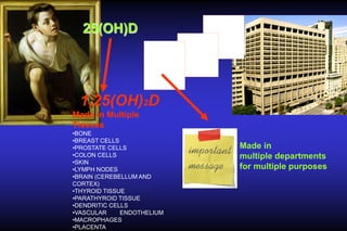 25(OH)D

1,25(OH)2D
Made in Multiple
Tissues
•BONE
•BREAST CELLS
•PROSTATE CELLS
•COLON CELLS
•SKIN
•LYMPH NODES
•BRAIN (CEREBELLUM AND
CORTEX)
•THYROID TISSUE
•PARATHYROID TISSUE
•DENDRITIC CELLS
•VASCULAR
ENDOTHELIUM
•MACROPHAGES
•PLACENTA

Made in
multiple departments
for multiple purposes

 