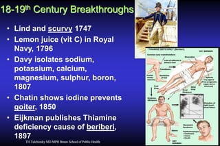 18-19th Century Breakthroughs
• Lind and scurvy 1747
• Lemon juice (vit C) in Royal
Navy, 1796
• Davy isolates sodium,
potassium, calcium,
magnesium, sulphur, boron,
1807
• Chatin shows iodine prevents
goiter, 1850
• Eijkman publishes Thiamine
deficiency cause of beriberi,
1897
TH Tulchinsky MD MPH Braun School of Public Health

 