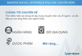 NGÂN HÀNG ĐỒ GIA DỤNG
DƯỢC PHẨM Mở rộng…
CHÚNG TÔI CHUYÊN VỀ
Thời điểm hiện tại chúng tôi tập trung chuyên môn vào 3 ngành, và vẫn
tiếp tục mở rộng thêm các ngành khác.
MONITAZ SOCIAL LISTENING & IFOLLOW: CHUYÊN MÔN
 