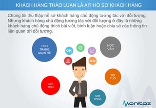 ĐỘ
TUỔI
TÌNH
TRẠNG
QUAN HỆ
HỌC
VẤN
NƠI
SỐNG
GIỚI
TÍNH
Chúng tôi thu thập hồ sơ khách hàng chủ động tương tác với đối tượng.
Nhưng khách hàng chủ động tương tác với đối tượng ở đây là những
khách hàng chủ động thích bài viết, bình luận hoặc chia sẻ các thông tin
liên quan tới đối tượng.
KHÁCH HÀNG THẢO LUẬN LÀ AI? HỒ SƠ KHÁCH HÀNG
 