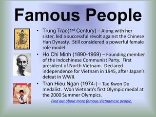 Games, Music, & DanceSoccer, volleyball, badminton, tennis & table tennis are popular sports.  Martial arts such as tai kwon do, wushu, and tai chi are often seen as well.Traditional music includes Ca Tru, CaiLuong, and Hat Van.Traditional dances include the fan dance and the hat dance. (Click images below to view.)