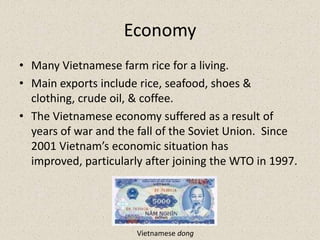 LanguageVietnamese is monosyllabic: every syllable is a word.Vietnamese is a tonal language.  A word can have up to six meanings, depending on in which tone it is said.Some common words in Vietnamese:Hello Xinchào (seen TSAU) Good-bye Tam biêt (TOM BEE-yet) Please Xin (seen) Thank you Cámón (come ON) Yes Vâng (vong) No Không (kong)