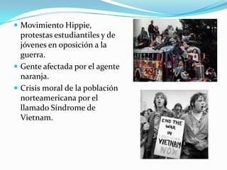  Movimiento Hippie,
  protestas estudiantiles y de
  jóvenes en oposición a la
  guerra.
 Gente afectada por el agente
  naranja.
 Crisis moral de la población
  norteamericana por el
  llamado Síndrome de
  Vietnam.
 