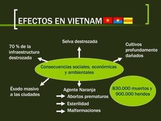 EFECTOS EN VIETNAM Consecuencias sociales, económicas  y ambientales 70 % de la  infraestructura  destrozada Selva destrozada  Cultivos  profundamente  dañados  Éxodo masivo  a las ciudades Agente Naranja Abortos prematuros Esterilidad Malformaciones 830.000 muertos y  900.000 heridos 