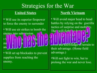Strategies for the War
United States
• Will use its superior firepower
to force the enemy to surrender
• Will use air strikes to bomb the
enemy into submission
• Will use search and destroy
missions to pinpoint enemy bases
and supplies.
• Will set up blockades to prevent
supplies from reaching the
enemy.
North Vietnam
• Will avoid major head to head
battles by relying on the guerilla
tactics of surprise and mobility.
They will fighting during the
night and use underground
tunnels to confuse enemy.
•Will use knowledge of terrain to
their advantage. (Home field
advantage.)
•Will not fight to win, but to
prolong the war and never lose.
 