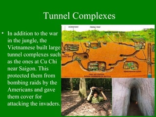 Tunnel Complexes
• In addition to the war
in the jungle, the
Vietnamese built large
tunnel complexes such
as the ones at Cu Chi
near Saigon. This
protected them from
bombing raids by the
Americans and gave
them cover for
attacking the invaders.
 
