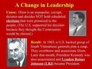 Cause: Diem is an unpopular, corrupt,
dictator and decides NOT hold scheduled
elections that were promised to the
people. (The U.S. supported his decision
because they thought the Communists
would be elected.)
Result: In 1963, a U.S. backed group of
South Vietnamese generals plan a coup.
They overthrow and assassinate Diem.
Later that month, President Kennedy was
also assassinated and Lyndon Baines
Johnson (LBJ) became President.
A Change in Leadership
 