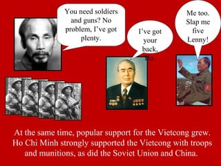 At the same time, popular support for the Vietcong grew.
Ho Chi Minh strongly supported the Vietcong with troops
and munitions, as did the Soviet Union and China.
You need soldiers
and guns? No
problem, I’ve got
plenty.
I’ve got
your
back,
Ho.
Me too.
Slap me
five
Lenny!
 