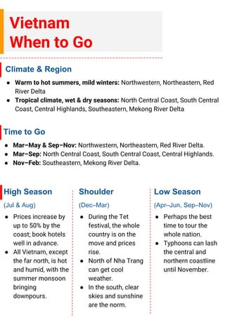 Vietnam
When to Go
Climate & Region
● Warm to hot summers, mild winters: Northwestern, Northeastern, Red
River Delta
● Tropical climate, wet & dry seasons: North Central Coast, South Central
Coast, Central Highlands, Southeastern, Mekong River Delta
High Season
(Jul & Aug)
● Prices increase by
up to 50% by the
coast; book hotels
well in advance.
● All Vietnam, except
the far north, is hot
and humid, with the
summer monsoon
bringing
downpours.
Shoulder
(Dec–Mar)
● During the Tet
festival, the whole
country is on the
move and prices
rise.
● North of Nha Trang
can get cool
weather.
● In the south, clear
skies and sunshine
are the norm.
Low Season
(Apr–Jun, Sep–Nov)
● Perhaps the best
time to tour the
whole nation.
● Typhoons can lash
the central and
northern coastline
until November.
Time to Go
● Mar–May & Sep–Nov: Northwestern, Northeastern, Red River Delta.
● Mar–Sep: North Central Coast, South Central Coast, Central Highlands.
● Nov–Feb: Southeastern, Mekong River Delta.
 