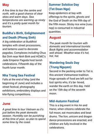 Summer Solstice Day
(Tet Doan Ngo)
Keep epidemics at bay with
offerings to the spirits, ghosts and
the God of Death on the fifth day of
the fifth moon. Sticky rice wine (ruou
nep) is consumed in industrial
quantities.
May
A fine time to tour the centre and
north, with a good chance of clear
skies and warm days. Sea
temperatures are warming up nicely
and it’s a pretty quiet month for
tourism.
Buddha’s Birth, Enlightenment
and Death (Phong Sinh)
A big celebration at Buddhist
temples with street processions,
and lanterns used to decorate
pagodas. Complexes including Chua
Bai Dinh near Ninh Binh and HCMC’s
Jade Emperor Pagoda host lavish
celebrations. Fifteenth day of the
fourth lunar month.
Nha Trang Sea Festival
Falls at the end of May (and the
beginning of June) and includes a
street festival, photography
exhibitions, embroidery displays and
kite-flying competitions.
June
A great time to tour Vietnam as it’s
just before the peak domestic
season. Humidity can be punishing
at this time of year, so plan to spend
some time by the coast.
August
The peak month for tourism with
domestic and international tourists.
Book flights and accommodation
well ahead. Weather-wise it’s hot,
hot, hot.
Wandering Souls Day
(Trung Nguyen)
Second in the pecking order to Tet is
this ancient Vietnamese tradition.
Huge spreads of food are left out for
lost spirits who, it’s be- lieved,
wander the earth on this day. Held
on the 15th day of the seventh
moon.
Mid-Autumn Festival
This is a big event in Hoi An and
Hanoi, when citizens celebrate the
full moon, eat mooncakes and beat
drums. The lion, unicorn and dragon
dance processions are enacted, and
children are fully involved in the
celebrations.
 