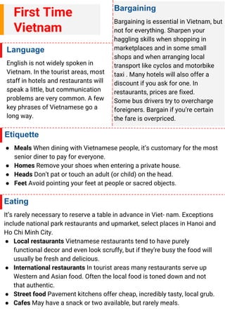 Etiquette
● Meals When dining with Vietnamese people, it’s customary for the most
senior diner to pay for everyone.
● Homes Remove your shoes when entering a private house.
● Heads Don’t pat or touch an adult (or child) on the head.
● Feet Avoid pointing your feet at people or sacred objects.
Bargaining
Bargaining is essential in Vietnam, but
not for everything. Sharpen your
haggling skills when shopping in
marketplaces and in some small
shops and when arranging local
transport like cyclos and motorbike
taxi . Many hotels will also offer a
discount if you ask for one. In
restaurants, prices are fixed.
Some bus drivers try to overcharge
foreigners. Bargain if you’re certain
the fare is overpriced.
First Time
Vietnam
Language
English is not widely spoken in
Vietnam. In the tourist areas, most
staff in hotels and restaurants will
speak a little, but communication
problems are very common. A few
key phrases of Vietnamese go a
long way.
Eating
It’s rarely necessary to reserve a table in advance in Viet- nam. Exceptions
include national park restaurants and upmarket, select places in Hanoi and
Ho Chi Minh City.
● Local restaurants Vietnamese restaurants tend to have purely
functional decor and even look scruffy, but if they’re busy the food will
usually be fresh and delicious.
● International restaurants In tourist areas many restaurants serve up
Western and Asian food. Often the local food is toned down and not
that authentic.
● Street food Pavement kitchens offer cheap, incredibly tasty, local grub.
● Cafes May have a snack or two available, but rarely meals.
 