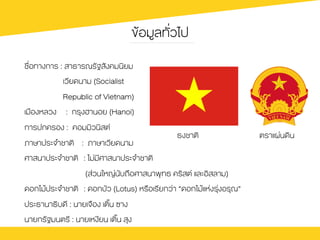 ขŒอมูลทั่วไป
ชื่อทางการ : สาธารณรัฐสังคมนิยม
เวียดนาม (Socialist
Republic of Vietnam)
เมืองหลวง       : กรุงฮานอย (Hanoi)
การปกครอง : คอมมิวนิสต
ภาษาประจำชาติ     : ภาษาเวียดนาม
ศาสนาประจำชาติ   : ไม‹มีศาสนาประจำชาติ
(ส‹วนใหญ‹นับถือศาสนาพุทธ คริสต และอิสลาม)
ดอกไมŒประจำชาติ   : ดอกบัว (Lotus) หรือเรียกว‹า “ดอกไมŒแห‹งรุ‹งอรุณ”
ประธานาธิบดี : นายเจือง เติ๊น ซาง
นายกรัฐมนตรี : นายเหงียน เติ๊น สุง
ธงชาติ ตราแผ‹นดิน
 