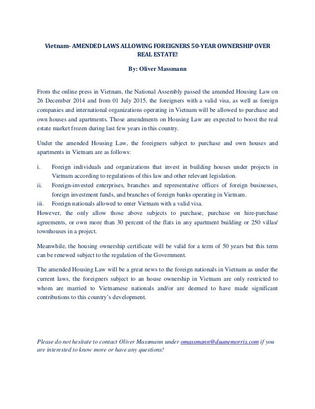 Vietnam Amended Laws Allowing Foreigners 50 Year Ownership Over Real